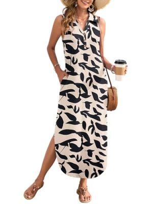 Women's Casual V Neck Maxi Dress Summer Long Sleeveless Sundress with Button 2025 Loose Fit Pockets