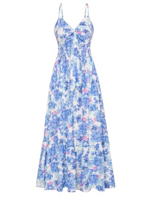 Women's 2025 Summer Maxi Dress Floral Tie Front Spaghetti Strap Casual Boho Beach Flowy Sundress with Pockets