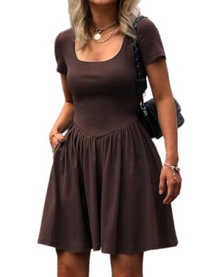 Women's Summer Casual Short Sleeve Mini Dress Square Neck A Line Pleated Swing Dresses Basic Short Dress with Pockets