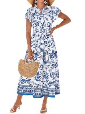 Women's Floral Boho Dress Hawaiian Dresse Short Sleeve V Neck Summer Beach Wedding Guest Swing Maxi Sundress