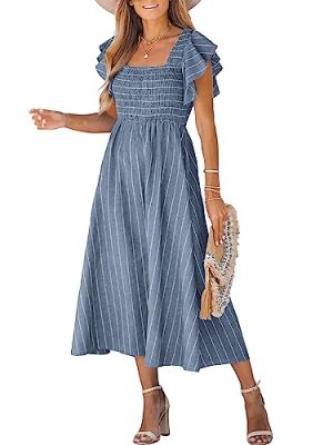 Women's Summer Dress Square Neck Striped Smocked Dress Ruffled Cap Sleeves Dress A Line Maxi Formal Dress
