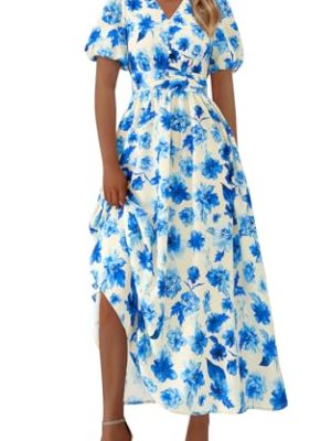 Summer Maxi Dresses for Women 2025 Floral V Neck Puff Sleeve Empire Waist A Line Flowy Long Beach Boho Dress