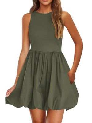Summer Dresses for Women 2025 Casual Sleeveless Tank Mini Short Dress Crew Neck Bubble Sundress with Pockets