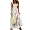 41ydWc7KJL.jpg Women's Retro Plaid Smocked Dress Spaghetti Strap Flounce Long Dress