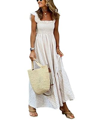Women's Retro Plaid Smocked Dress Spaghetti Strap Flounce Long Dress