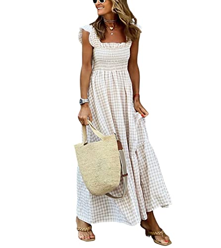 41ydWc7KJL.jpg Women's Retro Plaid Smocked Dress Spaghetti Strap Flounce Long Dress
