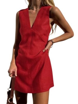 Women's Summer Sleeveless Mini Dress Cotton Linen V Neck Cinched A Line Slim Tank Short Dress