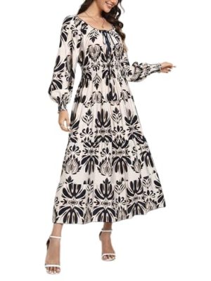 Women's 2025 Casual Long Sleeve Square Neck Smocked High Waist Flowy Maxi Dress,Boho Tiered Beach Party Dress