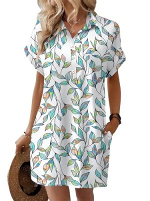 Womens Summer Shirt Dress Short Sleeve Floral Shift Dress Casual Loose Flowy Beach Sundress with Pockets