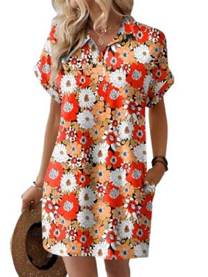 Womens Summer Shirt Dress Short Sleeve Floral Shift Dress Casual Loose Flowy Beach Sundress with Pockets