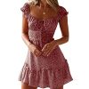 51H9YUtTvbL.jpg Womens Summer Ruffle Sleeve Sweetheart Neckline Printing Dress Mini Dresses