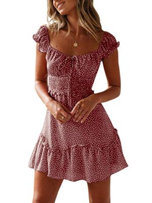 Womens Summer Ruffle Sleeve Sweetheart Neckline Printing Dress Mini Dresses