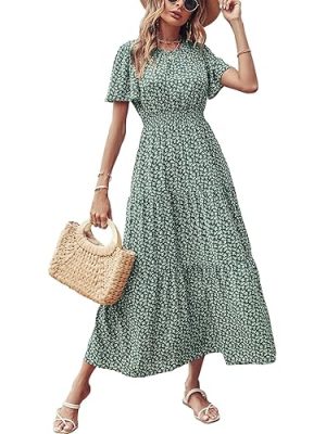 Women's Summer Casual Short Flutter Sleeve Round Neck Smocked Waist Tiered Boho Floral Flowy Maxi Dress