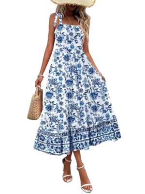 Women Summer Maxi Dress with Pockets 2025 Spaghetti Strap Sundress Casual Flowy Boho Dress Floral Tiered Beach Dress