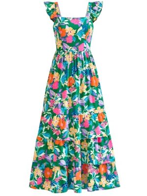 Summer Dresses for Women 2025 Casual Ruffle Smocked Tiered A-Line Boho Floral Maxi Beach Sun Dress with Pockets