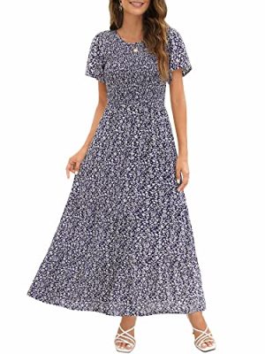 Women 2025 Summer Fall Crewneck Short Sleeve Smocked Floral Maxi Dress