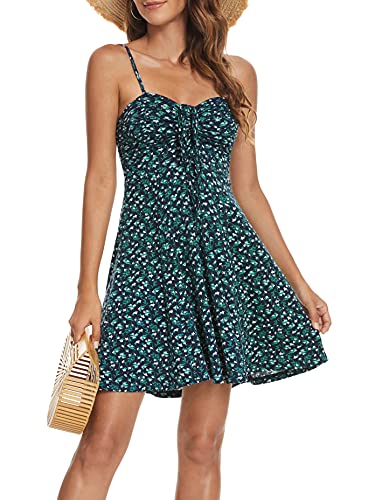 51aOU5uxgFS.jpg Spaghetti Strap Floral Mini Dress Women's Casual Ruched Front Drawstring Swing Sundress