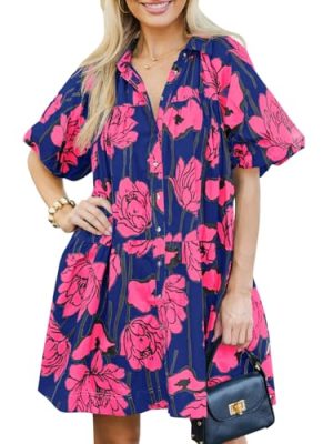 Women's Summer Button Down Shirt Dress Floral Puff Short Sleeve Casual Loose Fit Beach Mini Dresses