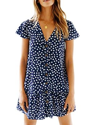 Womens Polka Dot V Neck Button Down Ruffles Loose Mini Short T-Shirt Dress