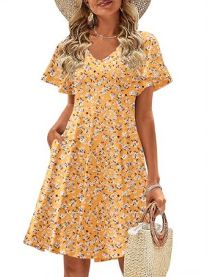 Womens Summer Dress Casual Swing Floral Ruffle Short Sleeve Sundresses Beach Mini A-line Shift Dress 2025 with Pockets