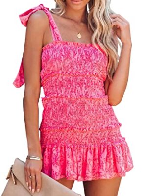 Women's Summer Floral Spaghetti Strap Square Neck Ruffle Tie Mini Smocked Dress