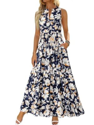 Womens Summer Maxi Dresses 2025 Casual Sleeveless V Neck Loose Fit Floral Boho Dress Beach Long Sundress