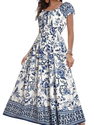 Women's 2025 Summer Short Sleeves Boho Floral Print Tiered Casual Flowy Long Maxi Dress